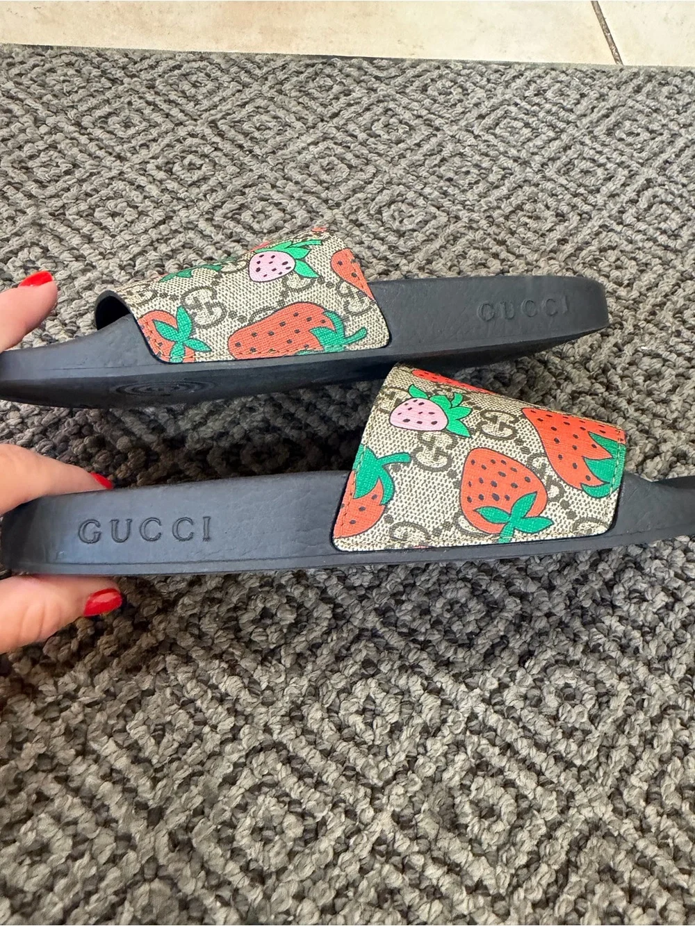 Gucci Strawberry Print Slide Sandals in Black and Red